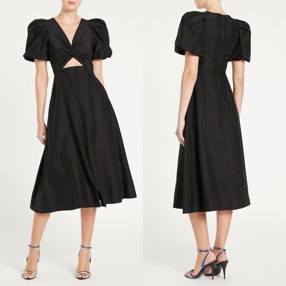 Rebecca Vallance Darlene Midi Dress Black Silk Cut Out Button Front 10 Puff - Picture 1 of 9